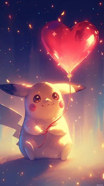 Pikachu zapped by sparkles while holding a glowing heart balloon.