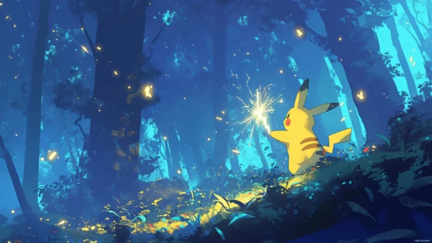 Pikachu zapping a spark trail through a glowing forest.