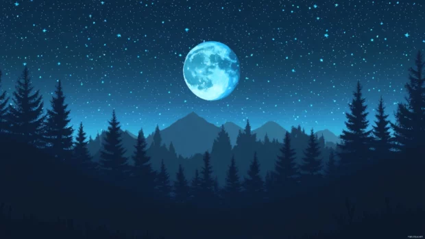 Pine forests silhouetted beneath blue stars.