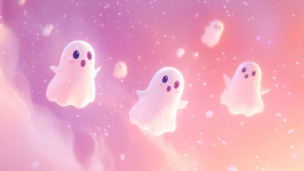 Pink Ghost Wallpapers featuring adorable ghosts floating over a pastel pink sky with sparkles.
