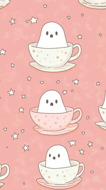 Pink Ghost Wallpapers with pastel ghosts spinning inside teacups surrounded by tiny stars.
