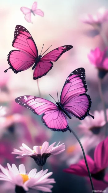 Pink Girly butterflies fluttering in a field of daisies.
