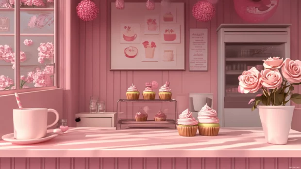 Pink Girly cafe scene with cupcakes, lattes and roses.
