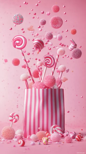 Pink Girly candies and lollipops tumbling from a striped bag.