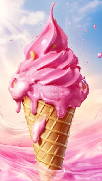 Pink Girly ice cream cone melting under summer sun.