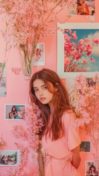 Pink Girly polaroid collage on a pastel wall.