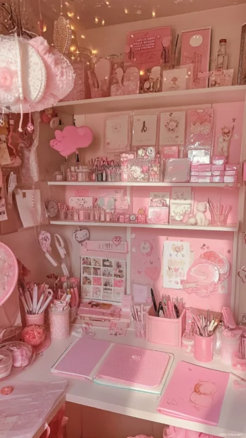 Pink Girly stationery, stickers and journals in cozy workspace.