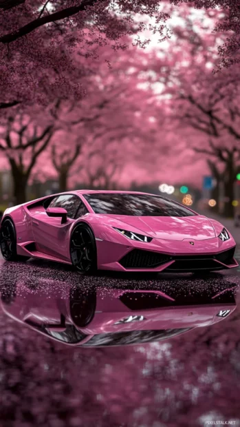 Pink Lamborghini Huracan wallpaper with reflective shadows beneath cherry blossom trees.