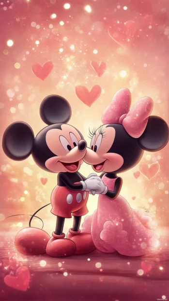 Pink Mickey and Minnie mouse artwork with dreamy backgrounds and soft sparkles.