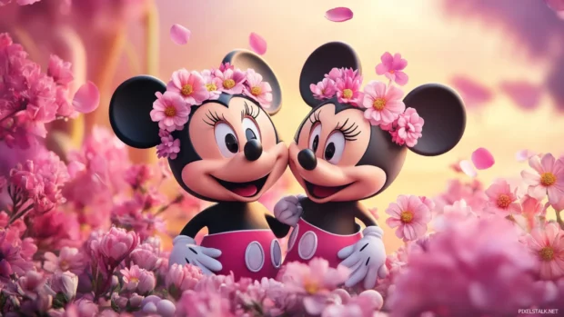 Pink Mickey and Minnie mouse theme with flower crowns and cheerful scenery.