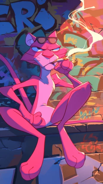 Pink Panther leaning on a graffiti wall with a flickering cigarette sign.