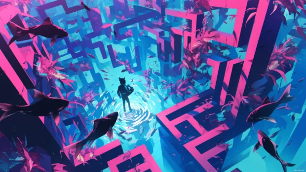 Pink Panther navigating a maze of floating crystals and fish.