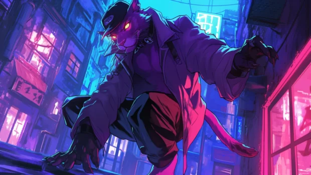 Pink Panther posing beside a neon lit alley with attitude.