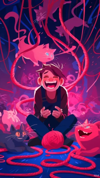 Pink Panther tangled in yarn and laughing beside kittens.