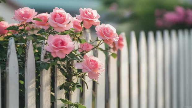 Pink Pretty Roses blooming along garden fence, Pink roses wallpaper.