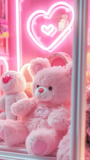 Pink aesthetic wallpapers with plush toys and heart shaped neon lights.