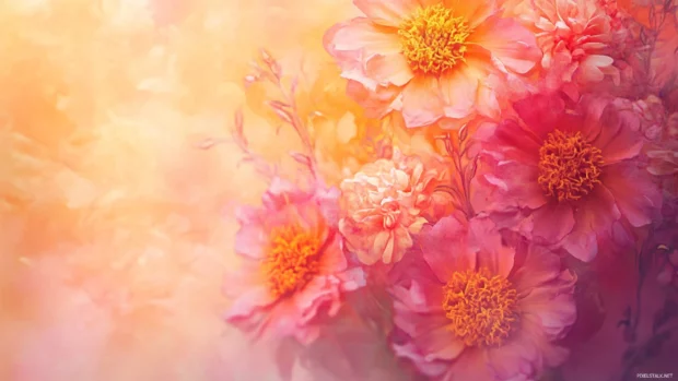 Pink and gold marigold composition faded at the edges.
