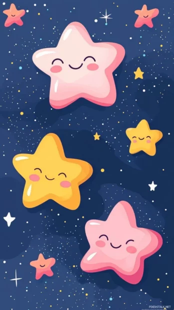 Pink and yellow stars giggling in a sweet galaxy, dancing happily in cute cartoon galaxy wallpaper.