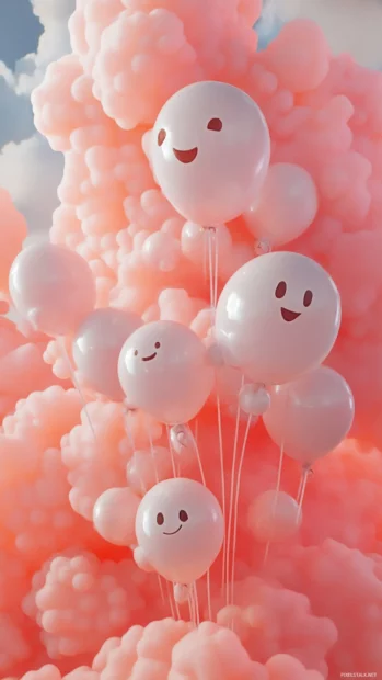Pink balloons carry cheerful ghosts through a soft coral sky.
