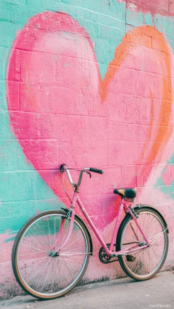 Pink bicycle leaning against a pastel mural wall with heart graffiti.