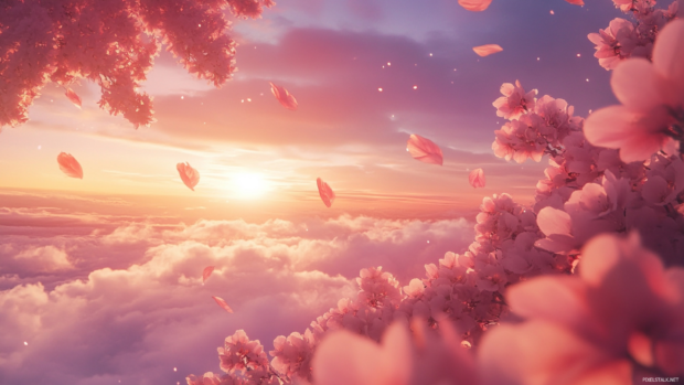 Pink blossoms scattered across a soft sunset sky, delicate petals unfolding in this pink aesthetic PC Wallpapers.