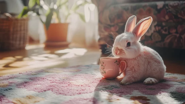Pink bunny sipping tea on a floral rug under morning sunlight.