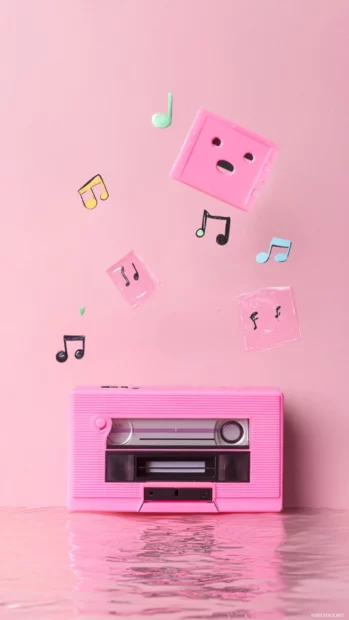 Pink cassette player with happy notes floating out.