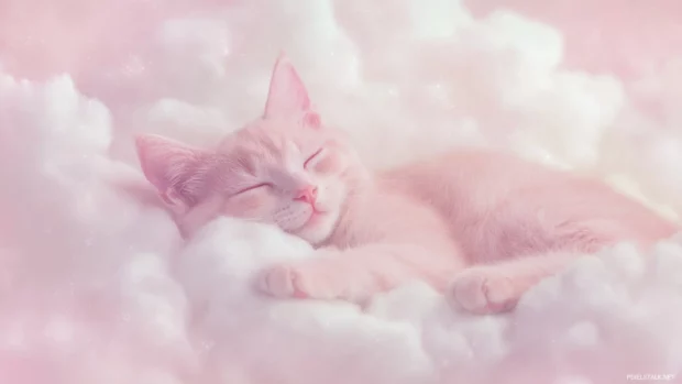 Pink cat sleeping on a cloud in pastel background.