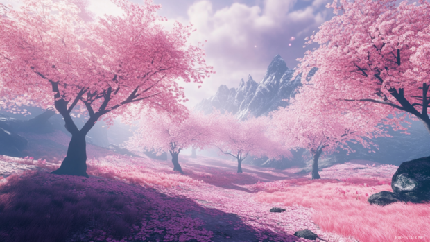 Pink cherry blossom trees gently swaying in the breeze, perfect as floral pink wallpaper for PC.