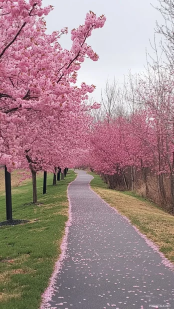 Pink cherry blossoms covering a quiet walking path in spring.