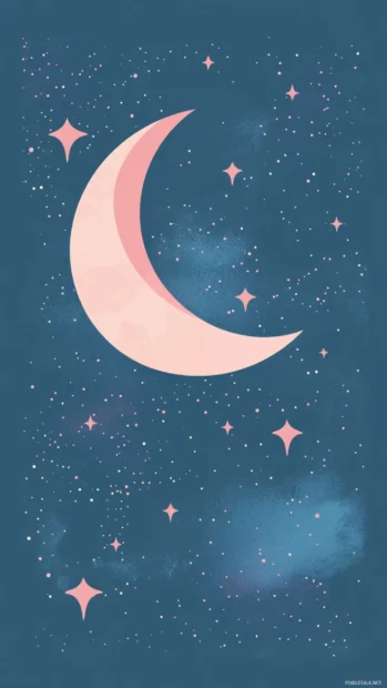 Pink cosmic stars flat art featuring pink stars circling a flat pink moon.