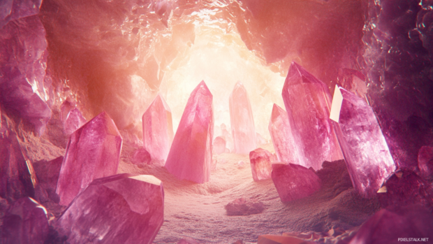Pink crystal cave illuminated with soft ambient light.