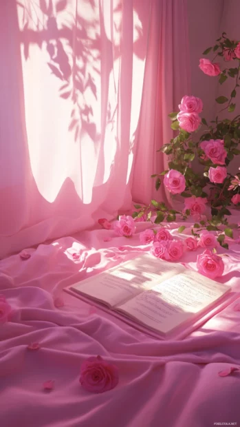 Pink curtain shadows on a soft bed with roses and a diary.