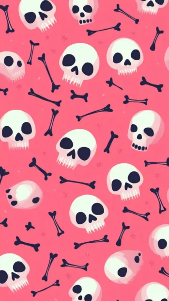 Pink cute skull wallpaper with tiny bones arranged in playful patterns.