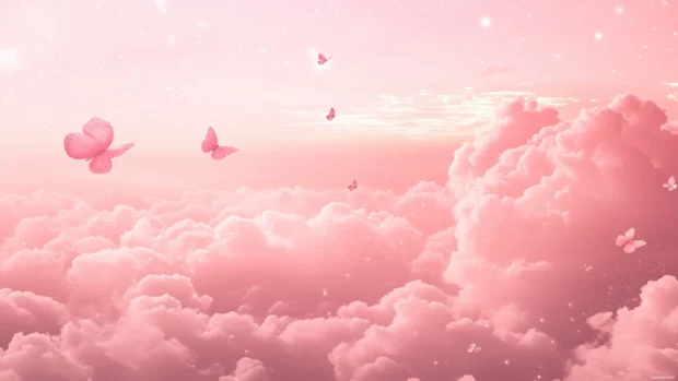 Pink dreamscape with clouds and butterflies for an aesthetic wallpaper for girls.