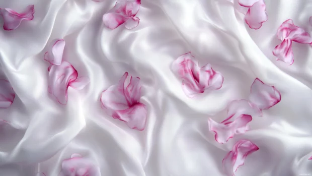 Pink girly petals gently scattered across a white silk backdrop.