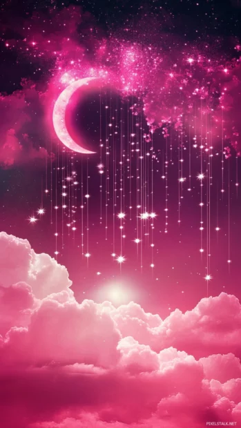 Pink girly wallpaper for iPhone with dreamy clouds and moonlit sparkles.