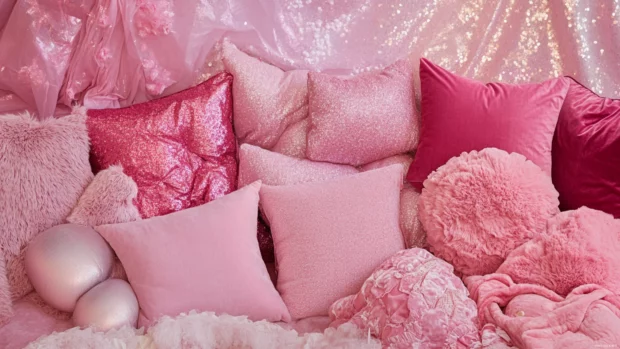 Pink glitter and velvet pillows arranged in an aesthetic collage for girls.