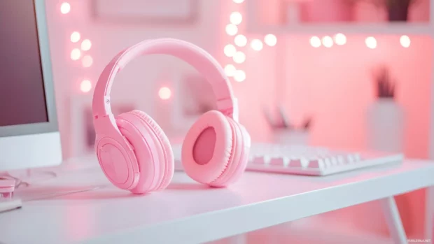 Pink headphones on a white desk with cozy aesthetic lighting, top rated feminine PC wallpapers.