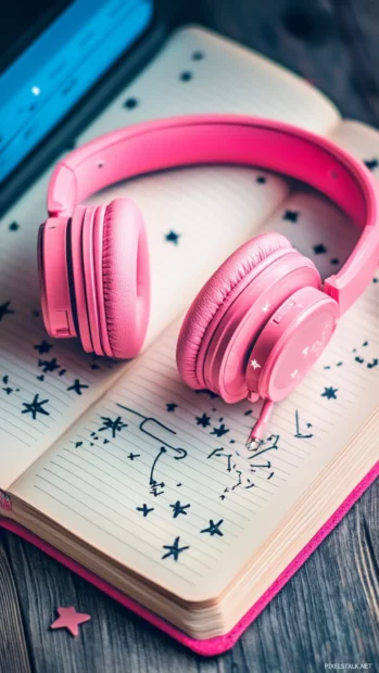 Pink headphones resting on an open notebook with stars drawn inside.