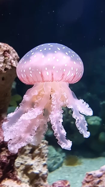 Pink jellyfish swimming under soft light in a calm aquarium.