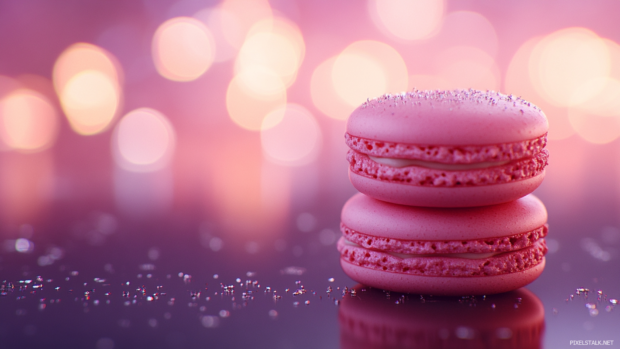 Pink macaron stack on a reflective tabletop with bokeh lighting.