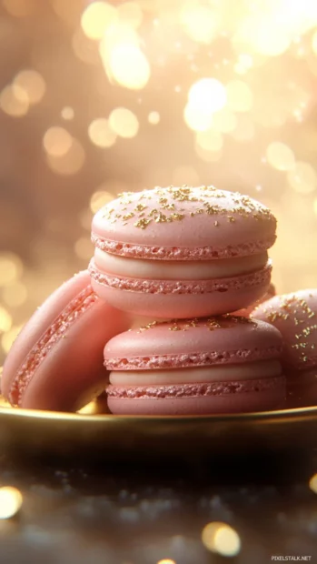Pink macarons stacked on a golden plate with soft lighting.