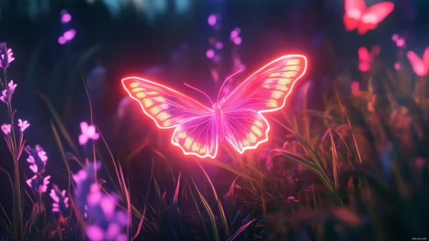 Pink neon butterfly hovering over glowing meadow.