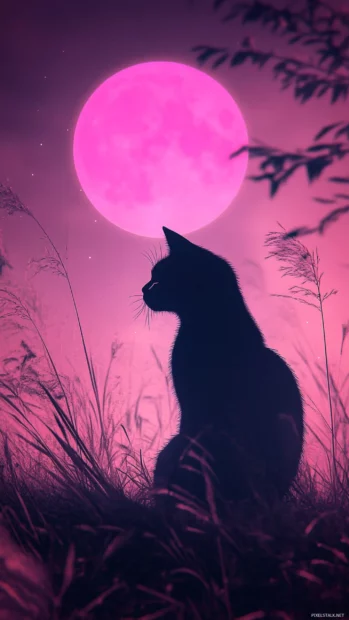 Pink neon cat silhouette under moonlight mist.