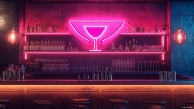 Pink neon cocktail sign above deserted bar.
