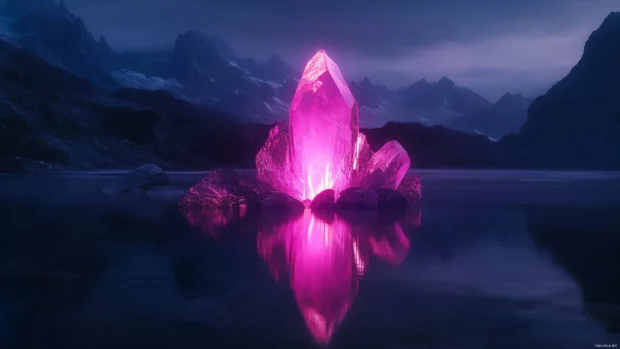 Pink neon crystal floating above dark lake.