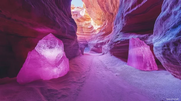 Pink neon crystals embedded in canyon walls.