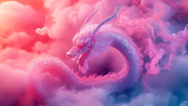 Pink neon dragon spiraling through misty clouds.