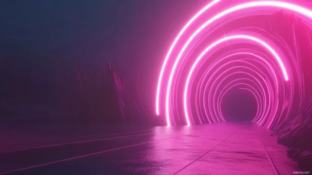 Pink neon ferris wheel spinning at midnight.